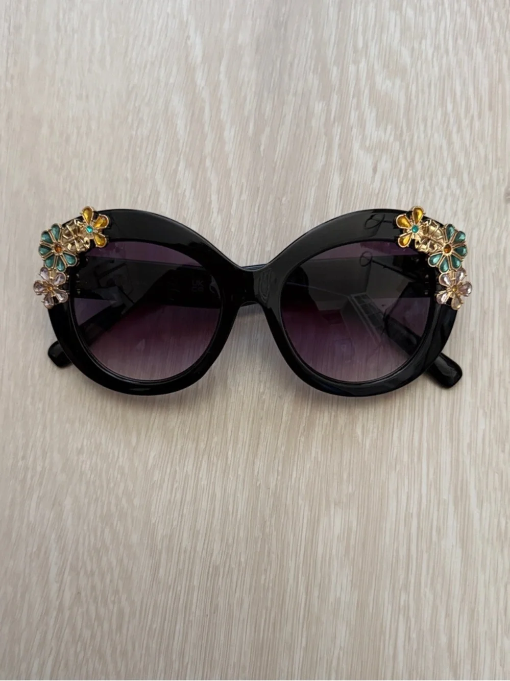 Betsey Johnson Black Sunglasses with Gold & Multi-Color Floral Gems